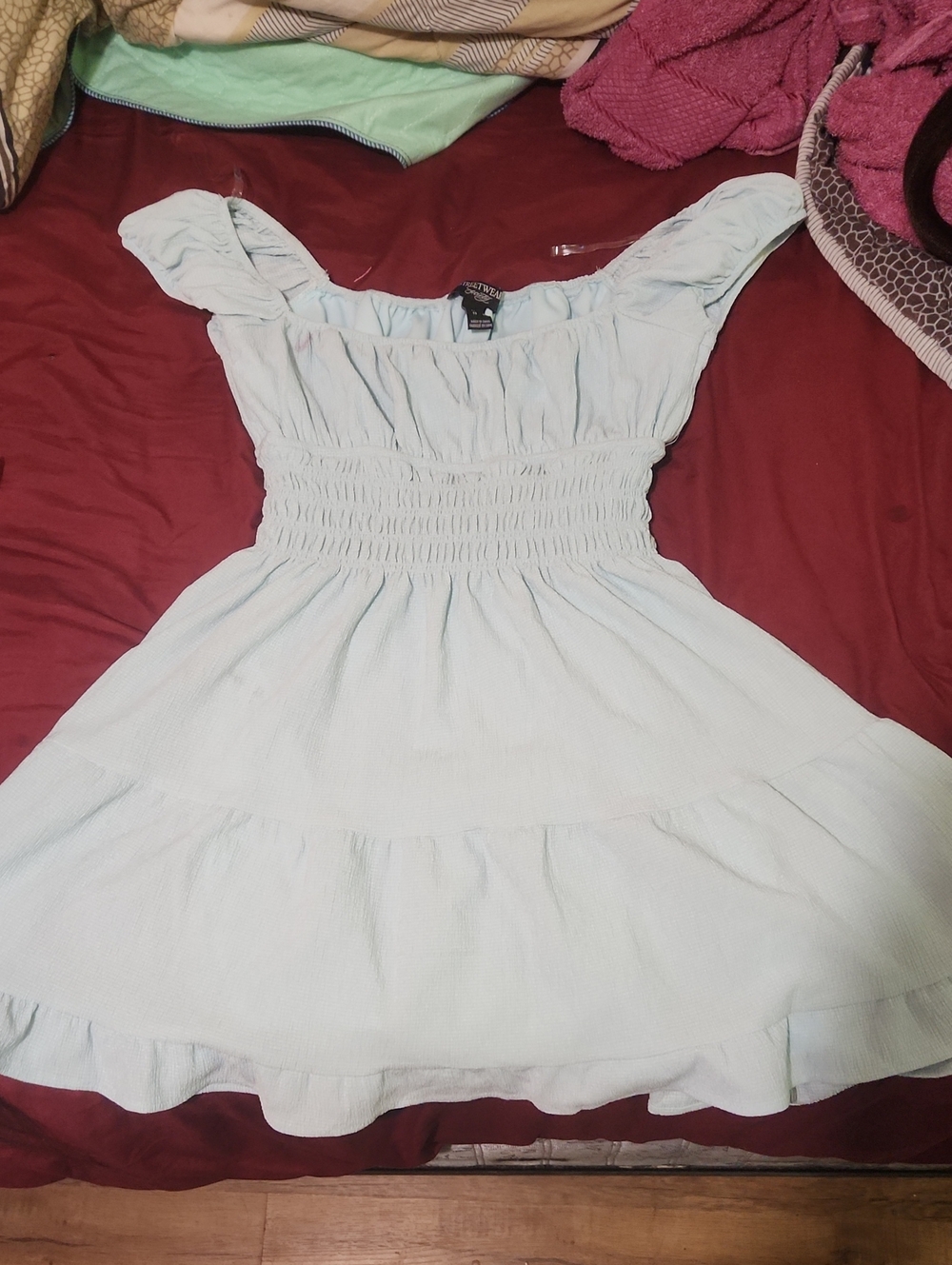 Streetwear Society Light Blue Smocked Off-Shoulder Mini Dress
